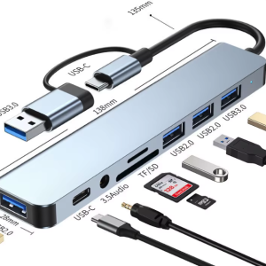 Base de Conexión USB + Tipo C 8 en 2 con Adaptador de Audio de 3.5 mm para Lector de Tarjetas Micro SD, Convertidor de Disco para Laptop, Tablet y Teléfono