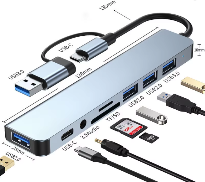Base de Conexión USB + Tipo C 8 en 2 con Adaptador de Audio de 3.5 mm para Lector de Tarjetas Micro SD, Convertidor de Disco para Laptop, Tablet y Teléfono