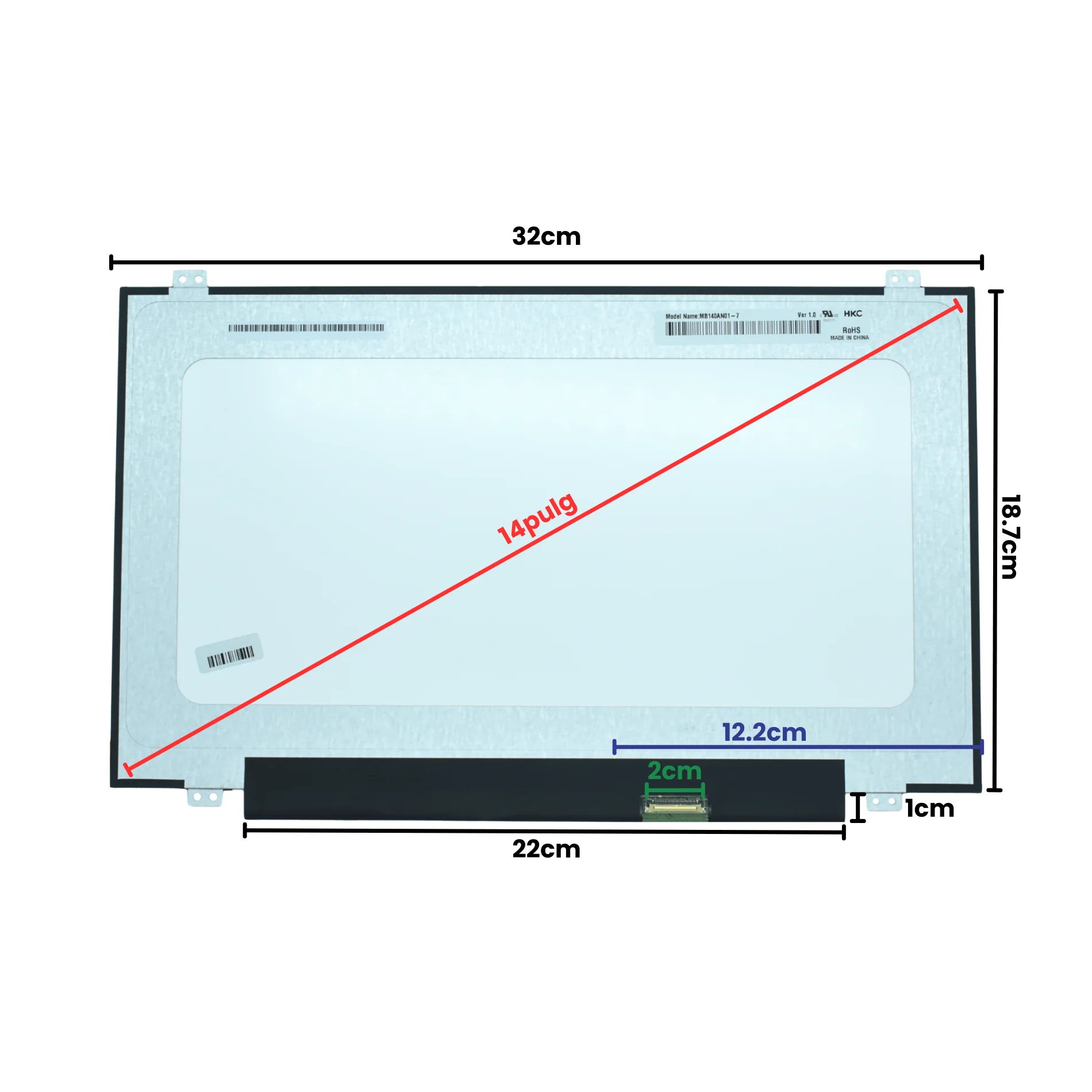 LCD140-015 Pantalla LCD 14.0 LED WXGA (1366X768) Slim Conector Inferior Derecho 30P Glossy (320mm)